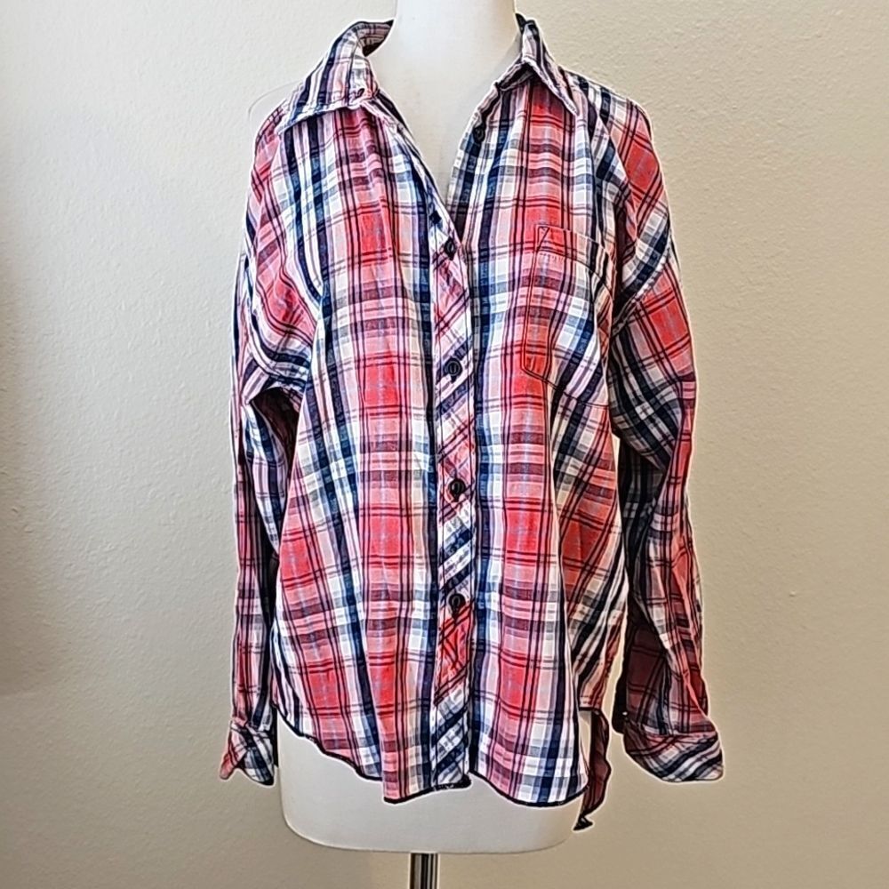 Denim & Supply Plaid Cold Shoulder Shirt medium.